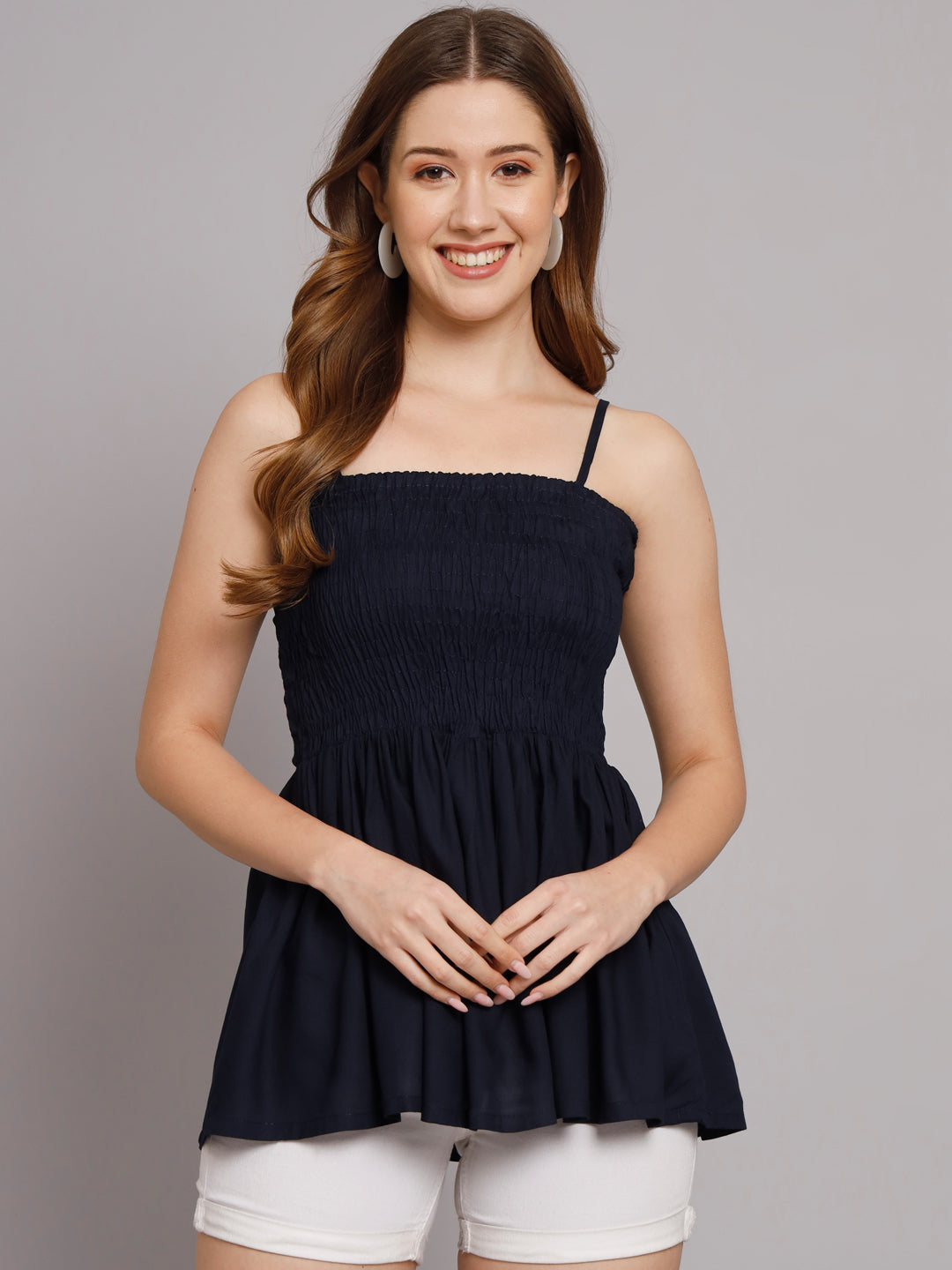 Solid Navy Blue Shoulder Straps Bobbin Elastic Short Top