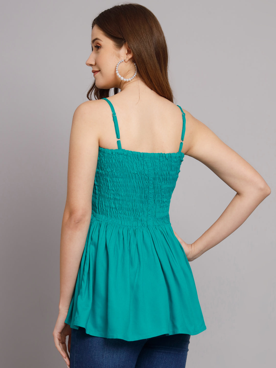 Solid Rama Green Color Shoulder Straps Short Top