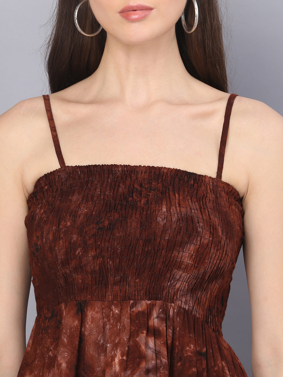 Tie Dye Printed Brown Shoulder Straps Long Bobbin Gown Dress