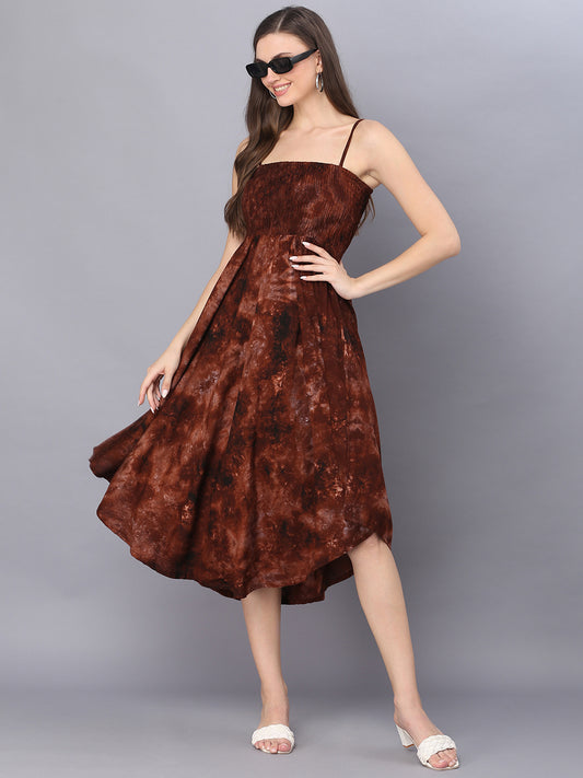 Tie Dye Printed Brown Shoulder Straps Long Bobbin Gown Dress