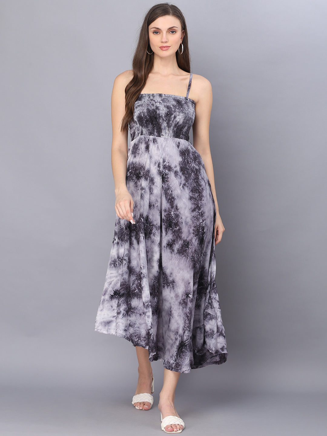 Grey Tie Dye Printed Shoulder Straps Long Bobbin Gown Dress