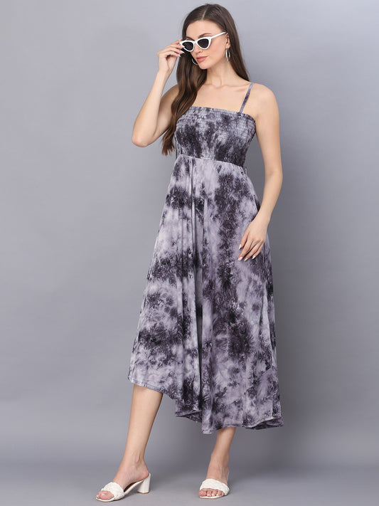 Grey Tie Dye Printed Shoulder Straps Long Bobbin Gown Dress