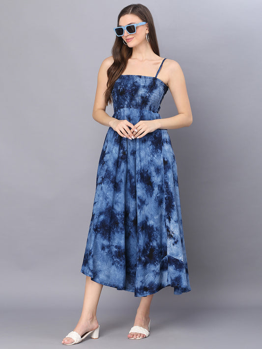 Tie Dye Printed Navy Blue Shoulder Straps Long Bobbin Gown Dress