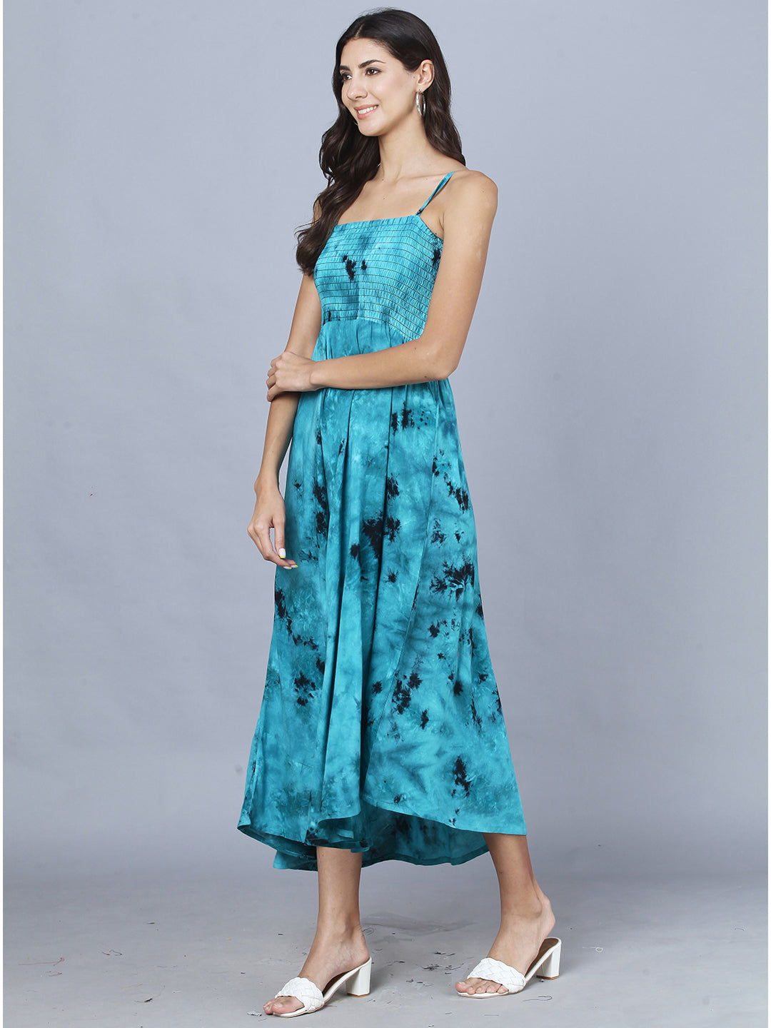 Rama Green Tie Dye Printed Shoulder Straps Long Bobbin Gown Dress