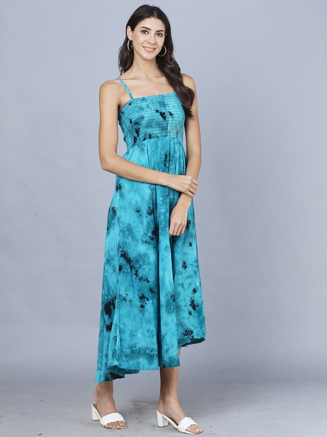 Rama Green Tie Dye Printed Shoulder Straps Long Bobbin Gown Dress
