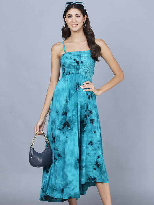 Rama Green Tie Dye Printed Shoulder Straps Long Bobbin Gown Dress