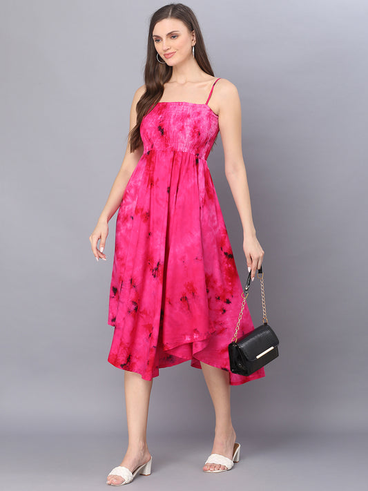 Rani Pink Tie Dye Printed Shoulder Straps Long Bobbin Gown Dress