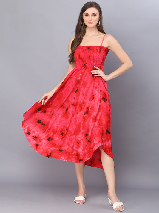 Red Tie Dye Printed Shoulder Straps Long Bobbin Gown Dress
