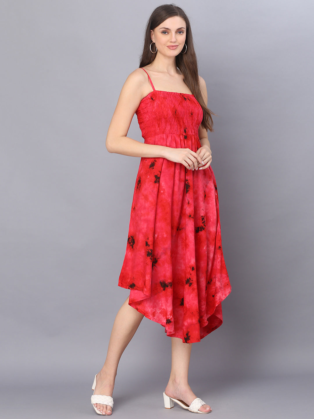 Red Tie Dye Printed Shoulder Straps Long Bobbin Gown Dress
