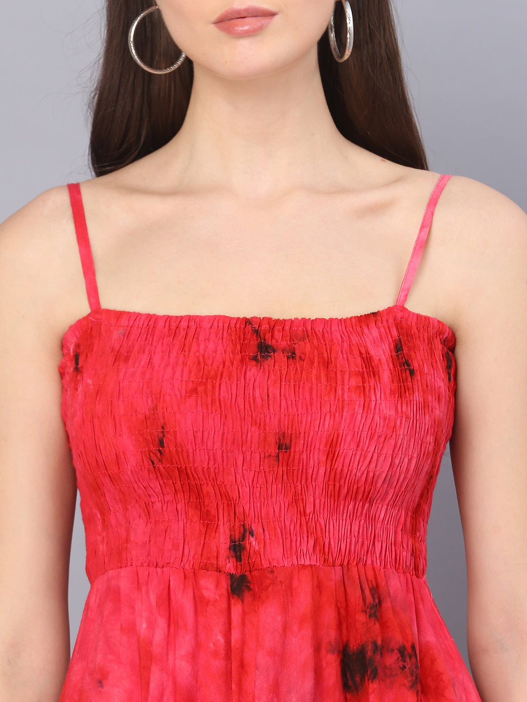 Red Tie Dye Printed Shoulder Straps Long Bobbin Gown Dress