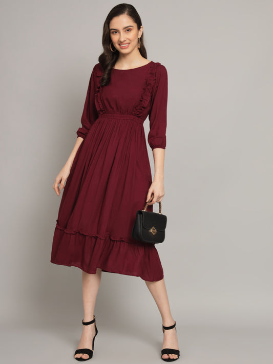 Wine Round Neck One Piece 2 Tier Dress