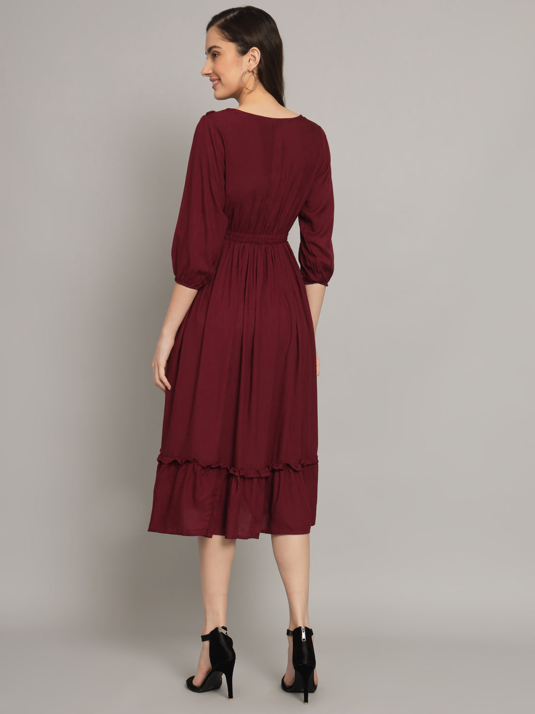 Wine Round Neck One Piece 2 Tier Dress