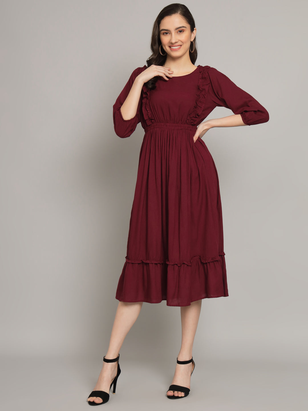 Wine Round Neck One Piece 2 Tier Dress
