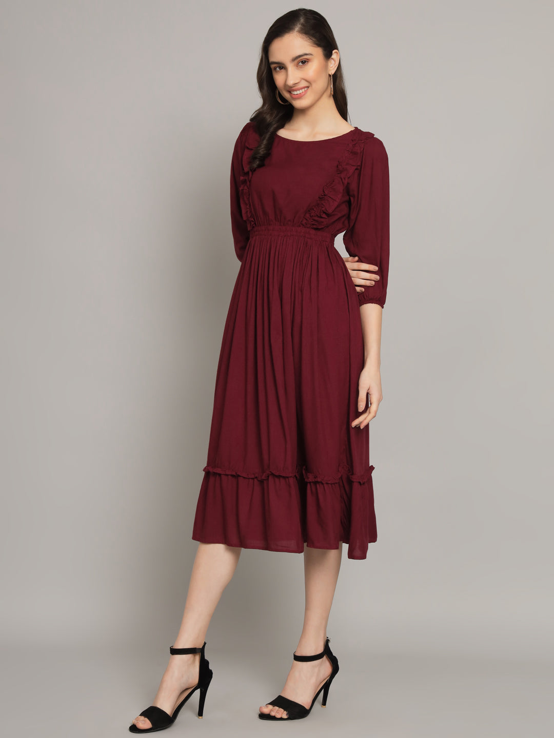 Wine Round Neck One Piece 2 Tier Dress