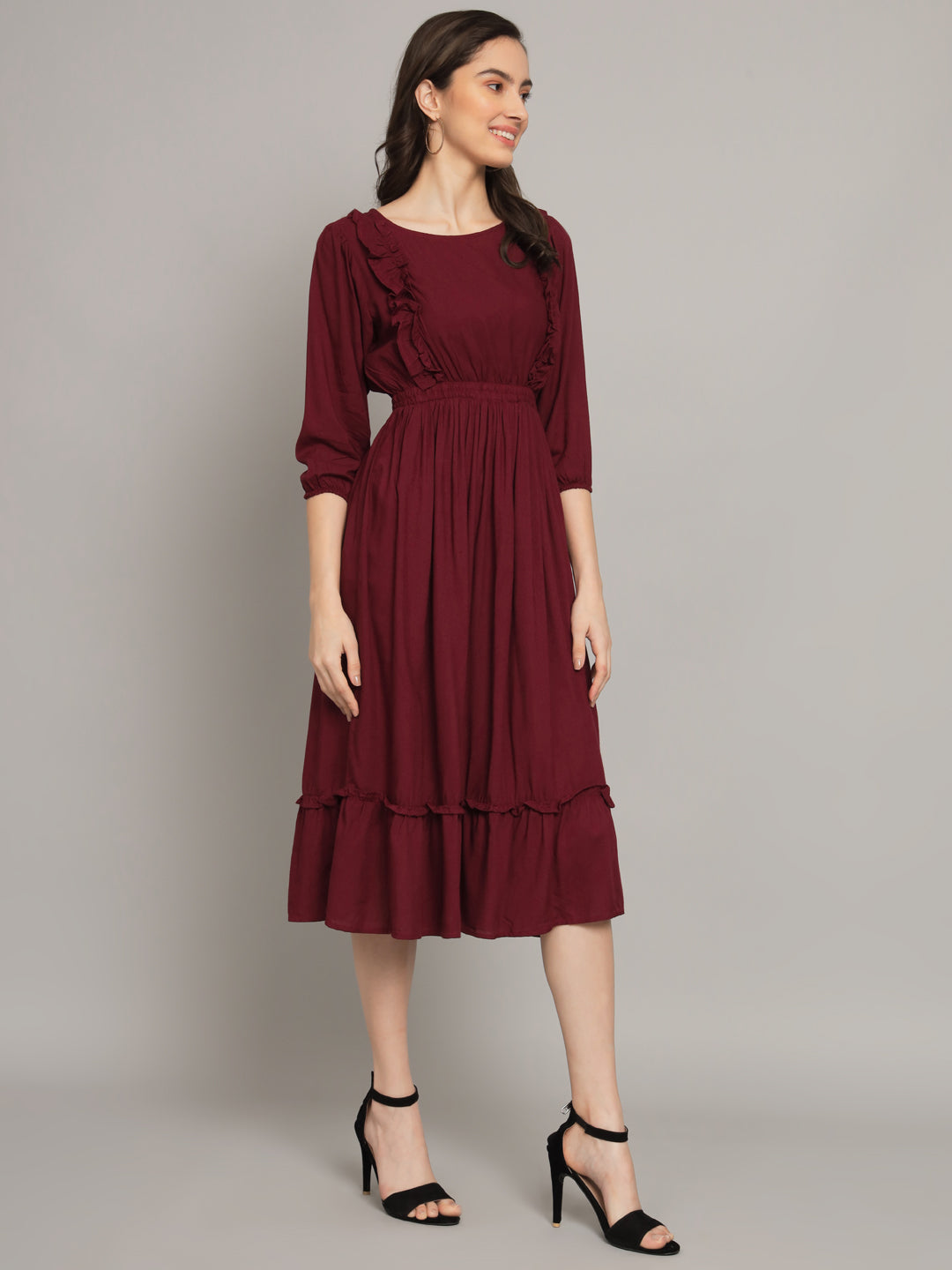 Wine Round Neck One Piece 2 Tier Dress