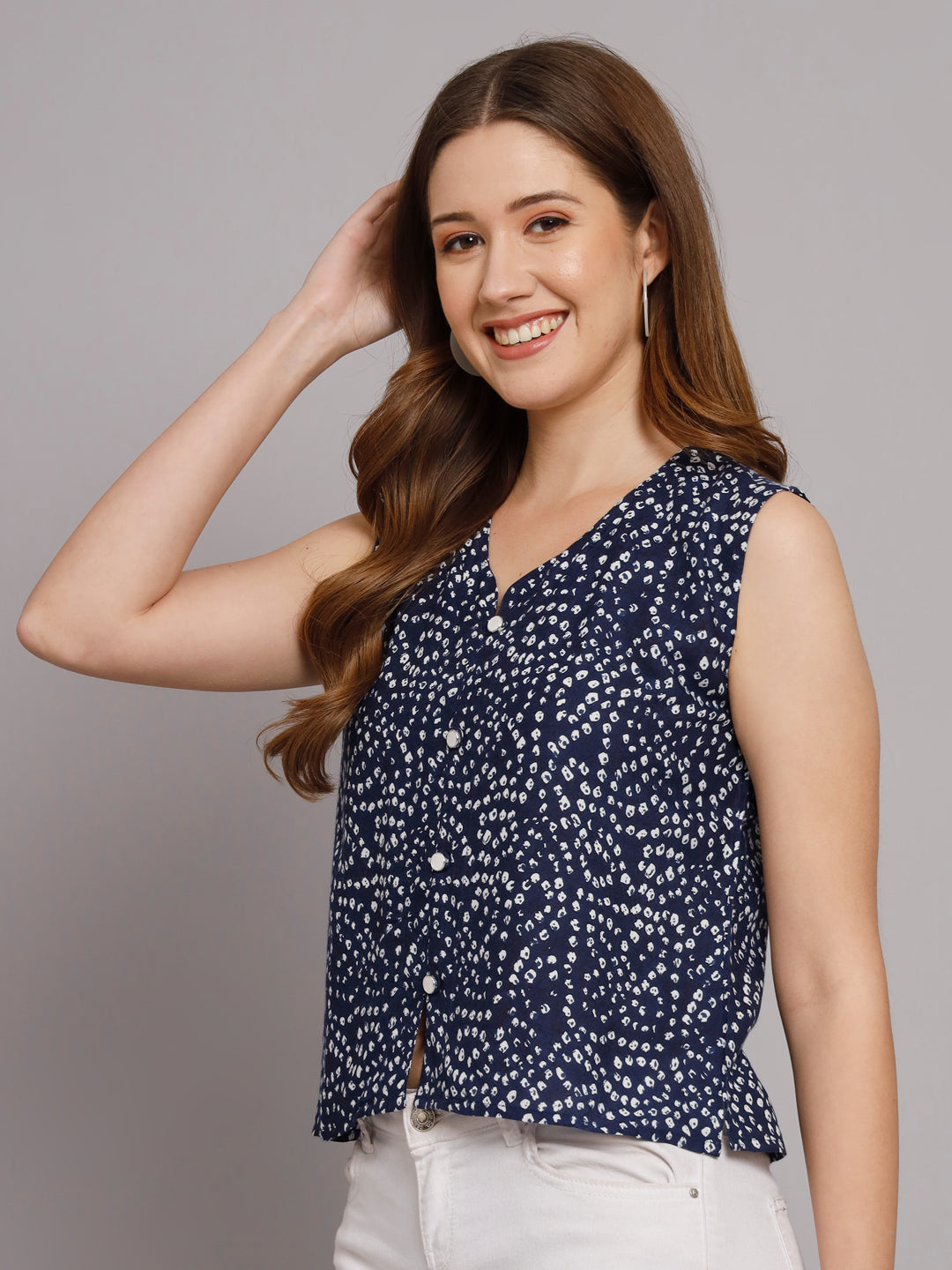 Bandhej Printed V-Neck Sleeve less Blue Casual Top