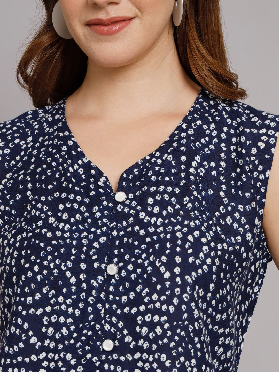 Bandhej Printed V-Neck Sleeve less Blue Casual Top