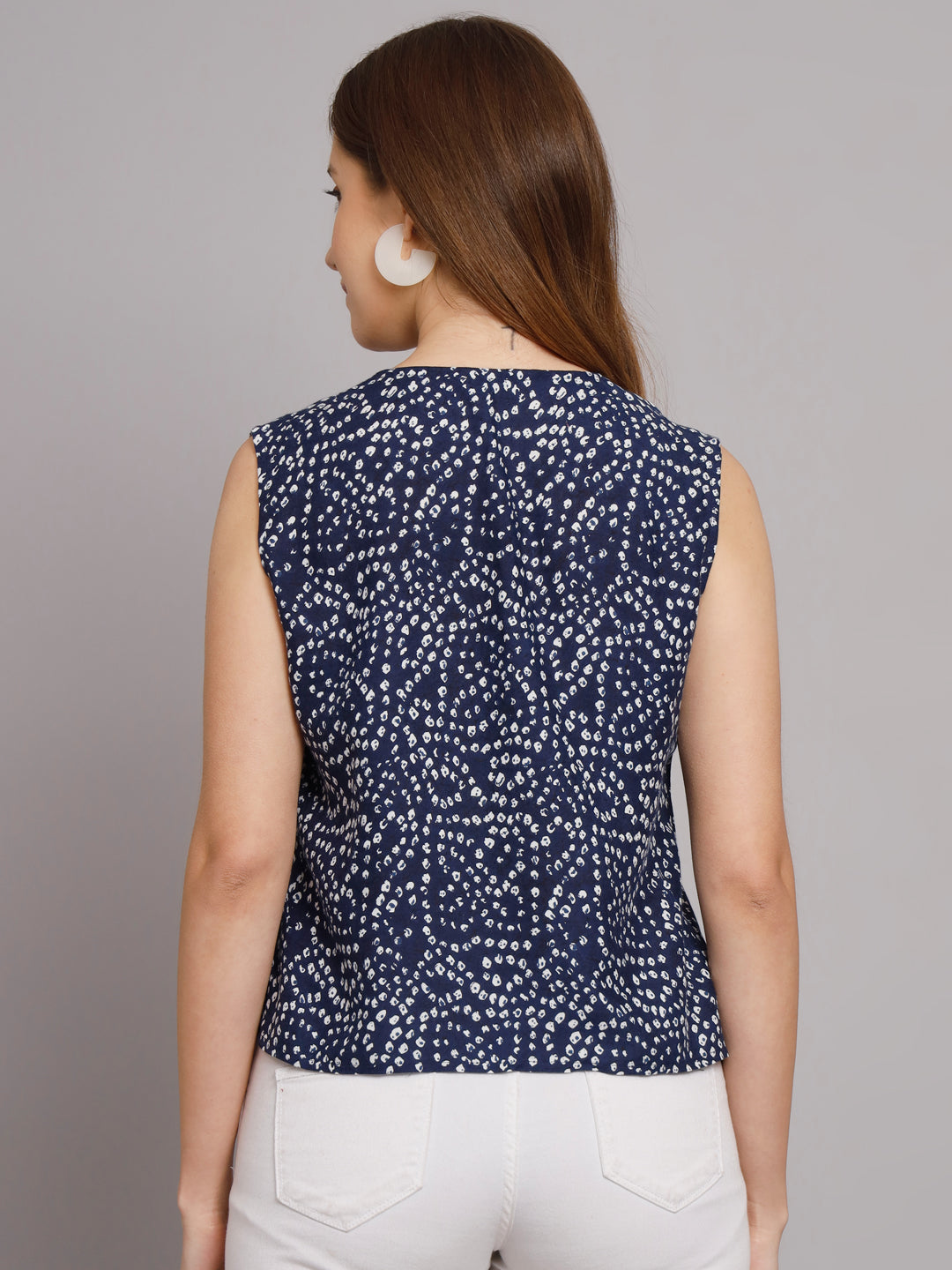 Bandhej Printed V-Neck Sleeve less Blue Casual Top