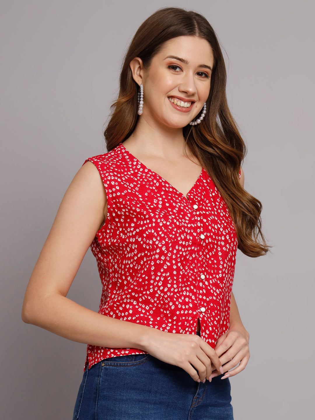 Bandhej Printed V-Neck Sleeve less Rani Pink Casual Top