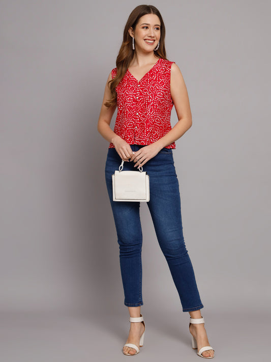 Bandhej Printed V-Neck Sleeve less Rani Pink Casual Top