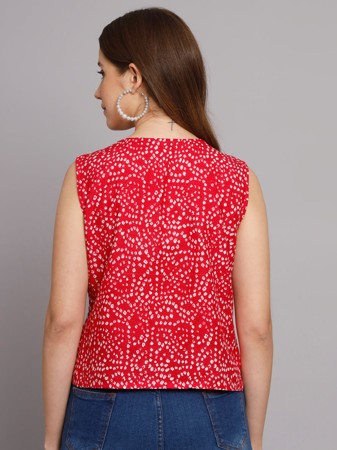Bandhej Printed V-Neck Sleeve less Rani Pink Casual Top