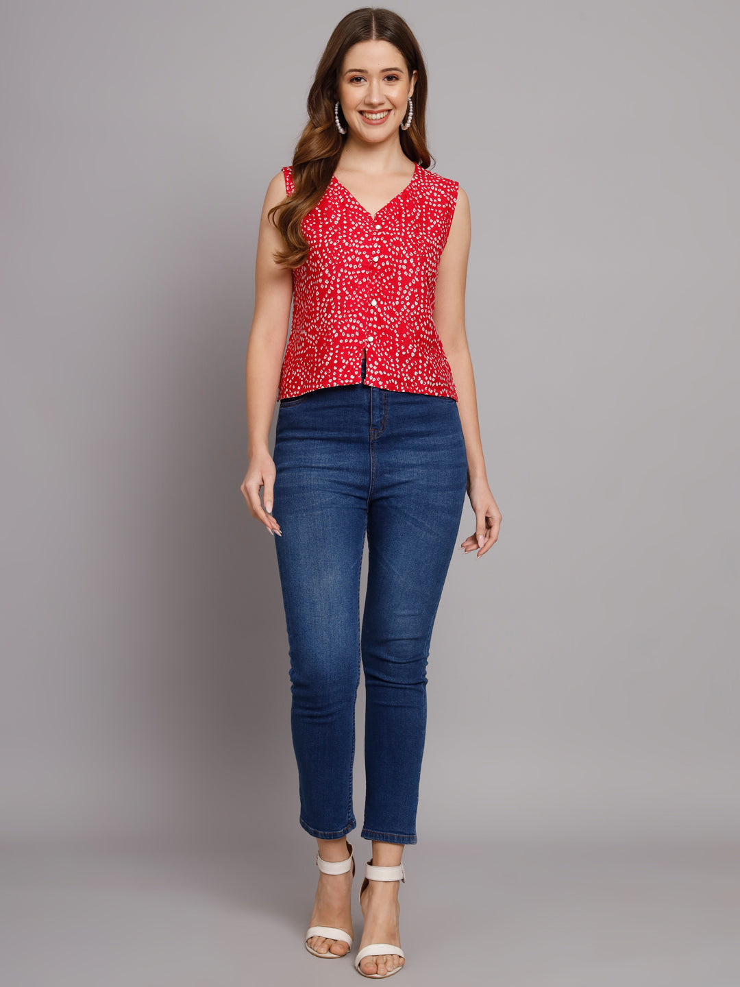 Bandhej Printed V-Neck Sleeve less Rani Pink Casual Top
