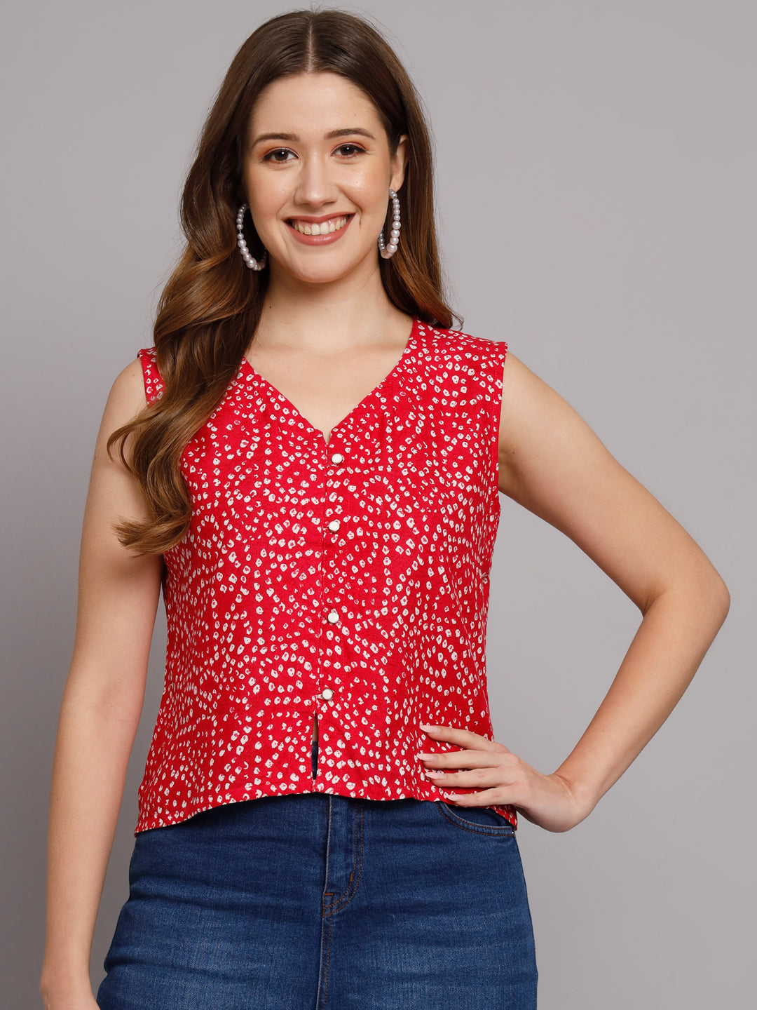 Bandhej Printed V-Neck Sleeve less Rani Pink Casual Top