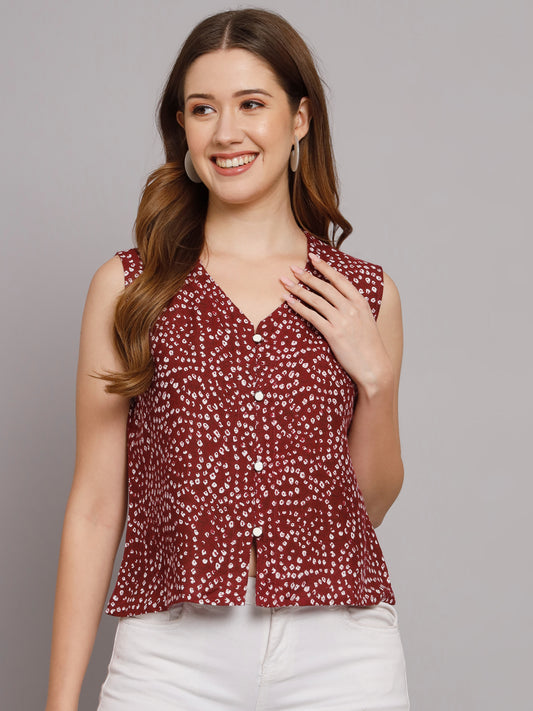 Bandhej Printed V-Neck Sleeve less Casual Top