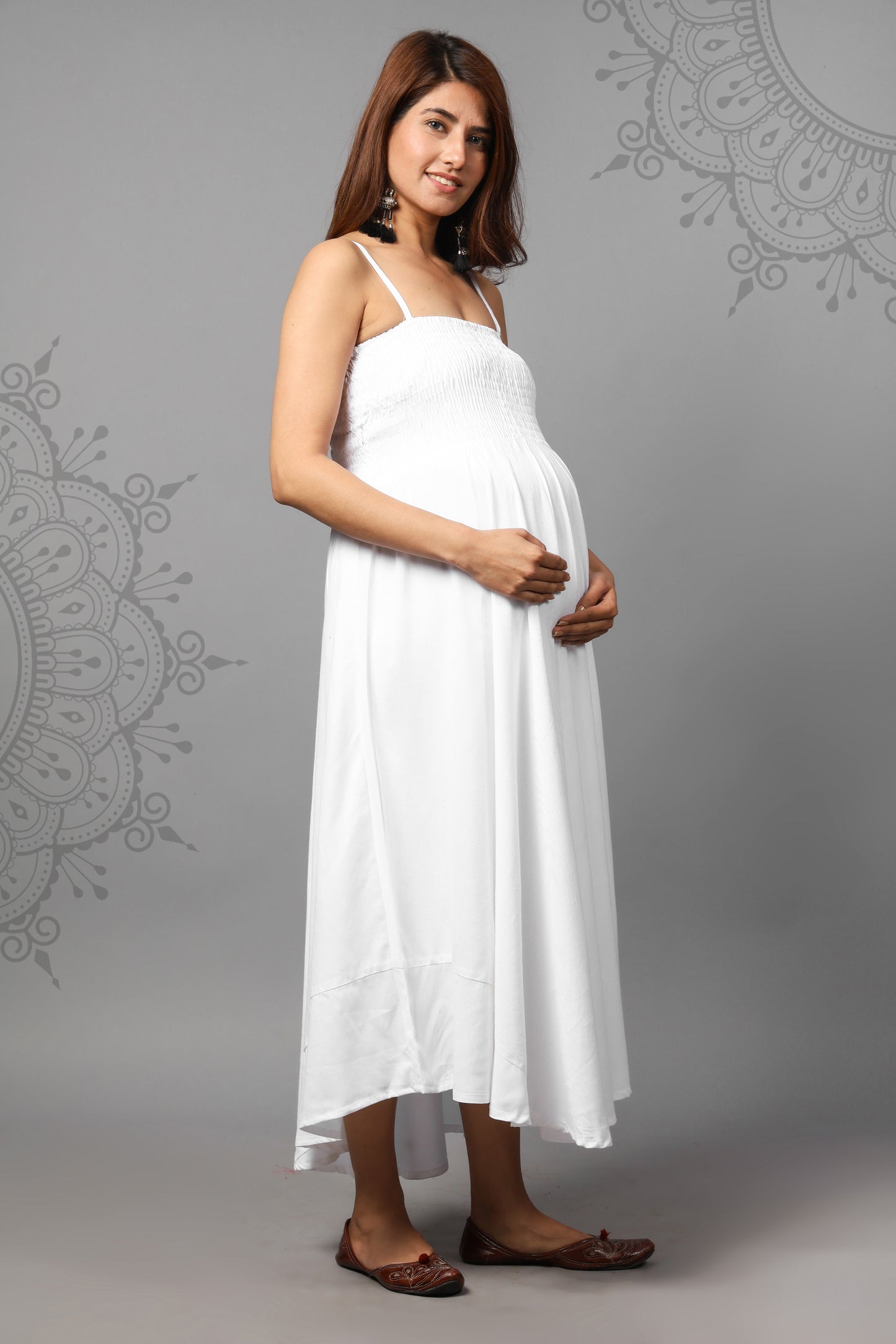 Solid White Color Shoulder Straps Maternity Gown