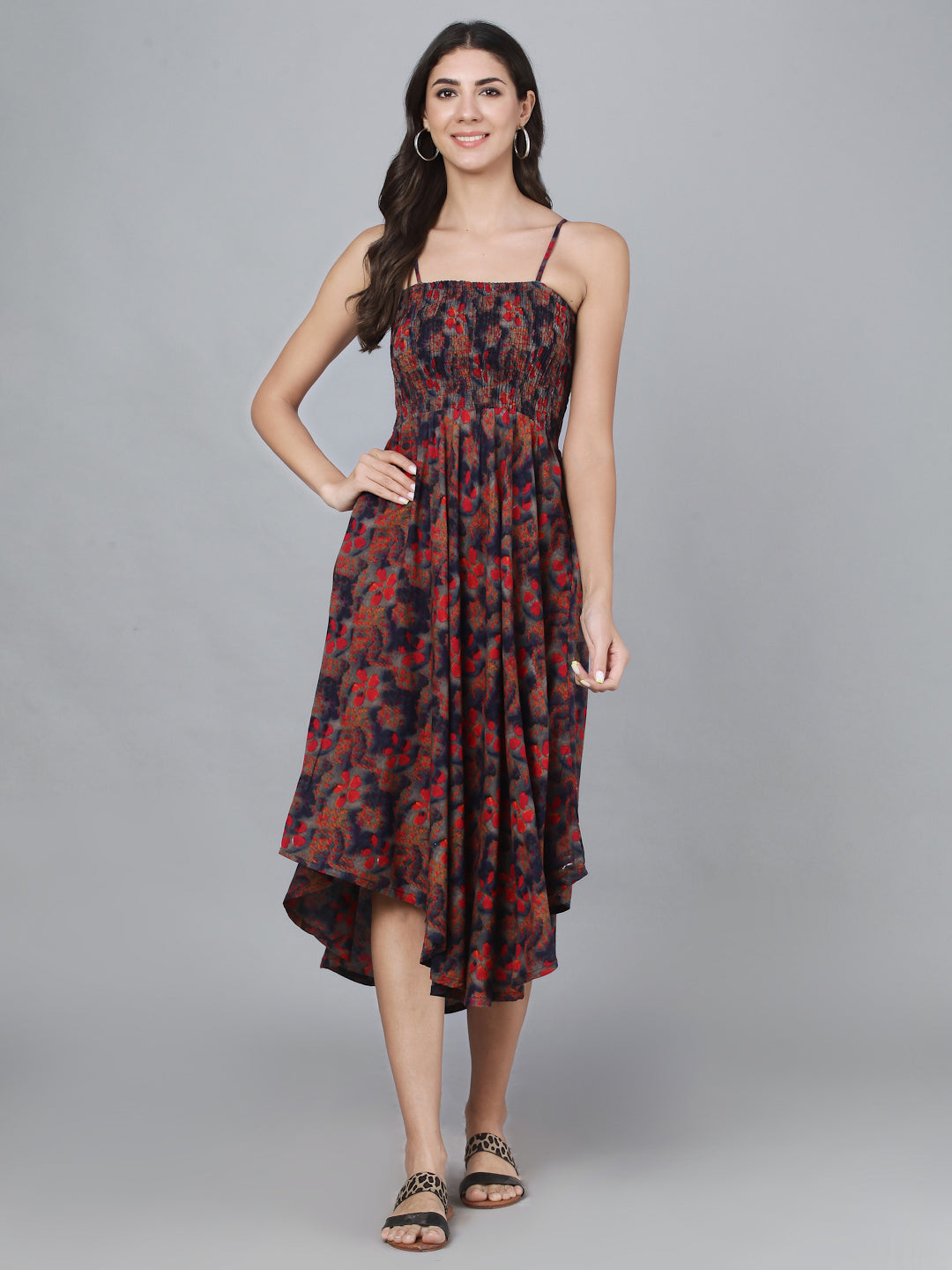 Blue Pink Rose Printed Shoulder Straps Long Gown