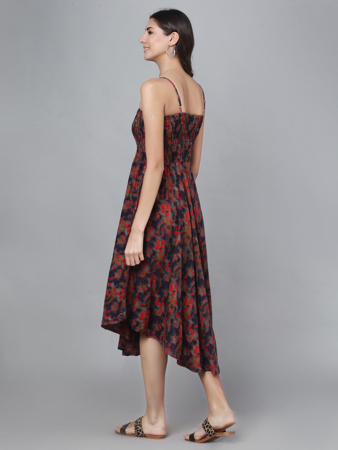 Blue Pink Rose Printed Shoulder Straps Long Gown