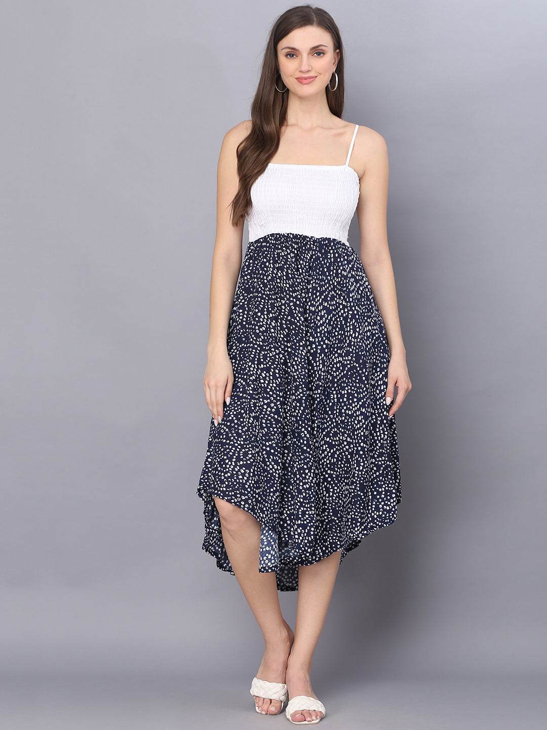 Navy Blue Bandhej Printed Shoulder Straps Long Dress