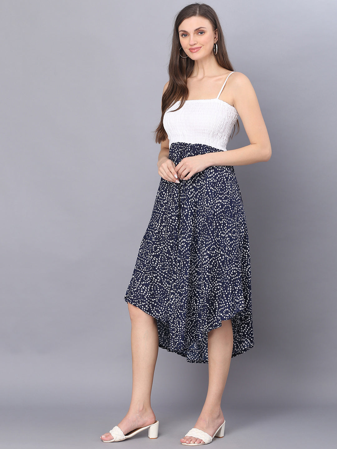 Navy Blue Bandhej Printed Shoulder Straps Long Dress