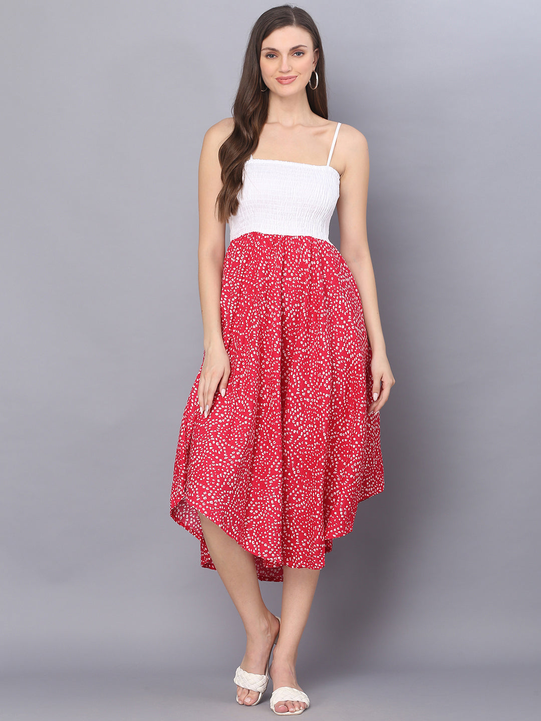 Pink Bandhej Printed Shoulder Straps Long Dress