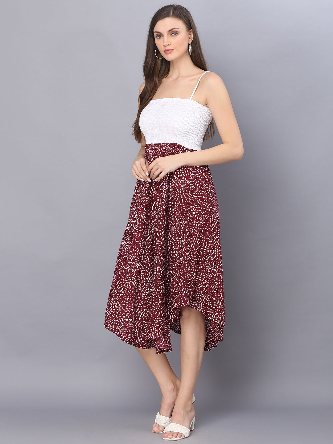 Wine Color Bandhej Printed Shoulder Straps Long Gown