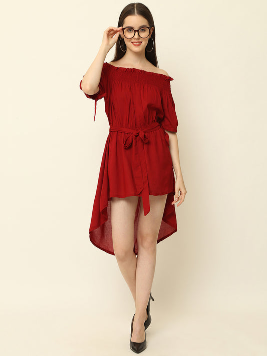 Maroon Off Shoulder High Low One Piece Dress