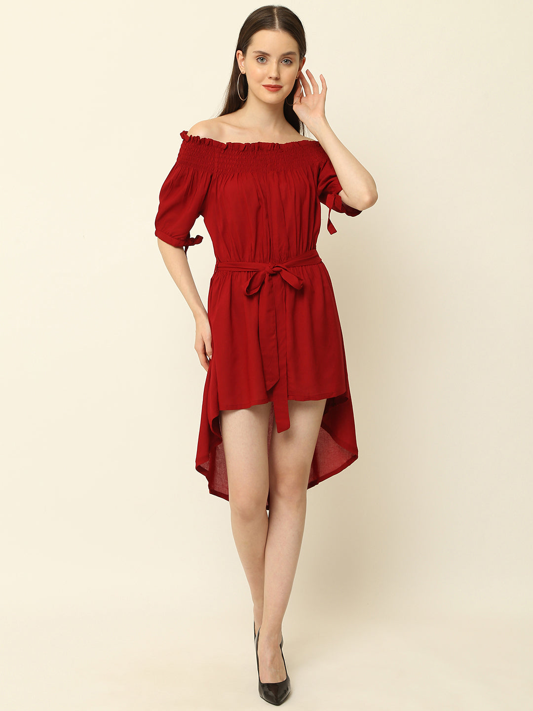 Maroon Off Shoulder High Low One Piece Dress