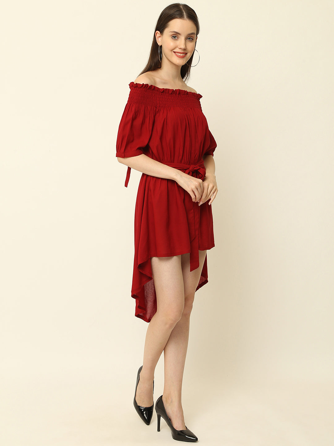 Maroon Off Shoulder High Low One Piece Dress