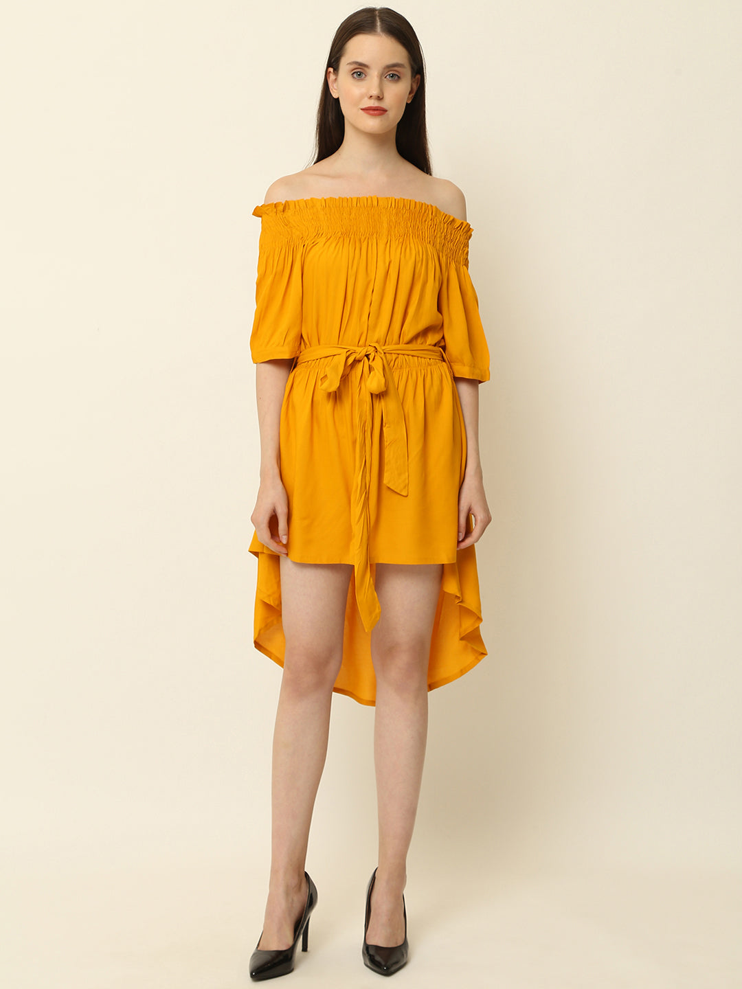 Mustard Yellow Off Shoulder High Low One Piece Dress