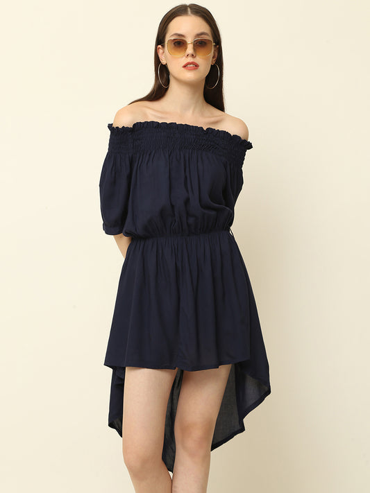 Navy Blue Off Shoulder High Low One Piece Dress
