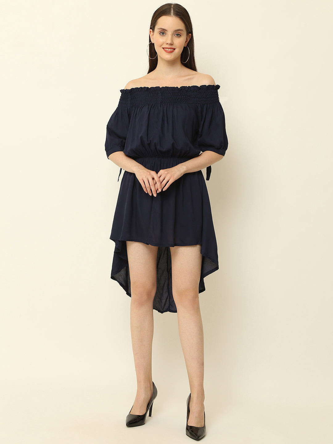 Navy Blue Off Shoulder High Low One Piece Dress