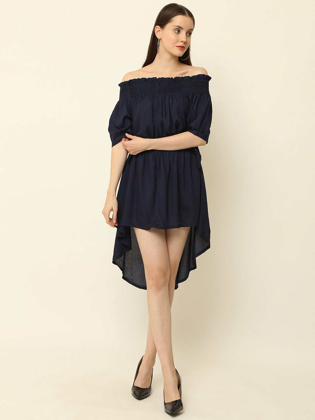 Navy Blue Off Shoulder High Low One Piece Dress