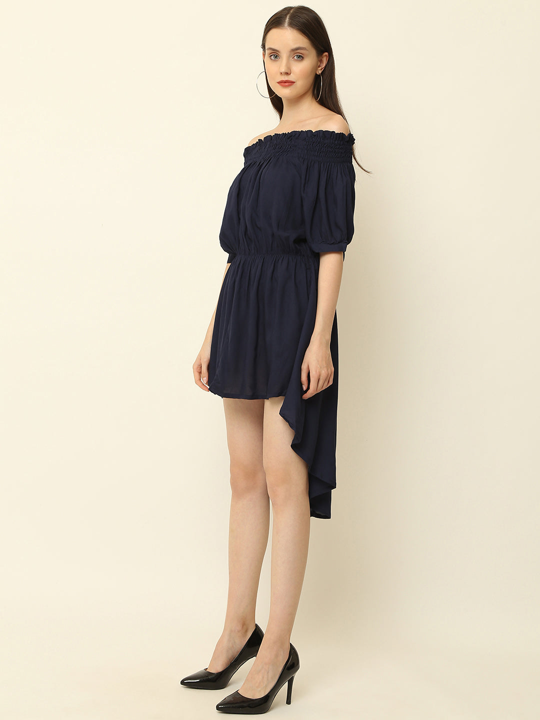 Navy Blue Off Shoulder High Low One Piece Dress