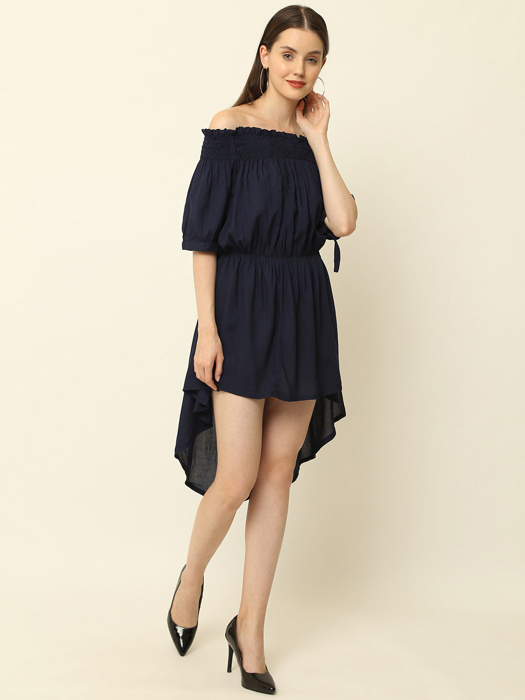 Navy Blue Off Shoulder High Low One Piece Dress