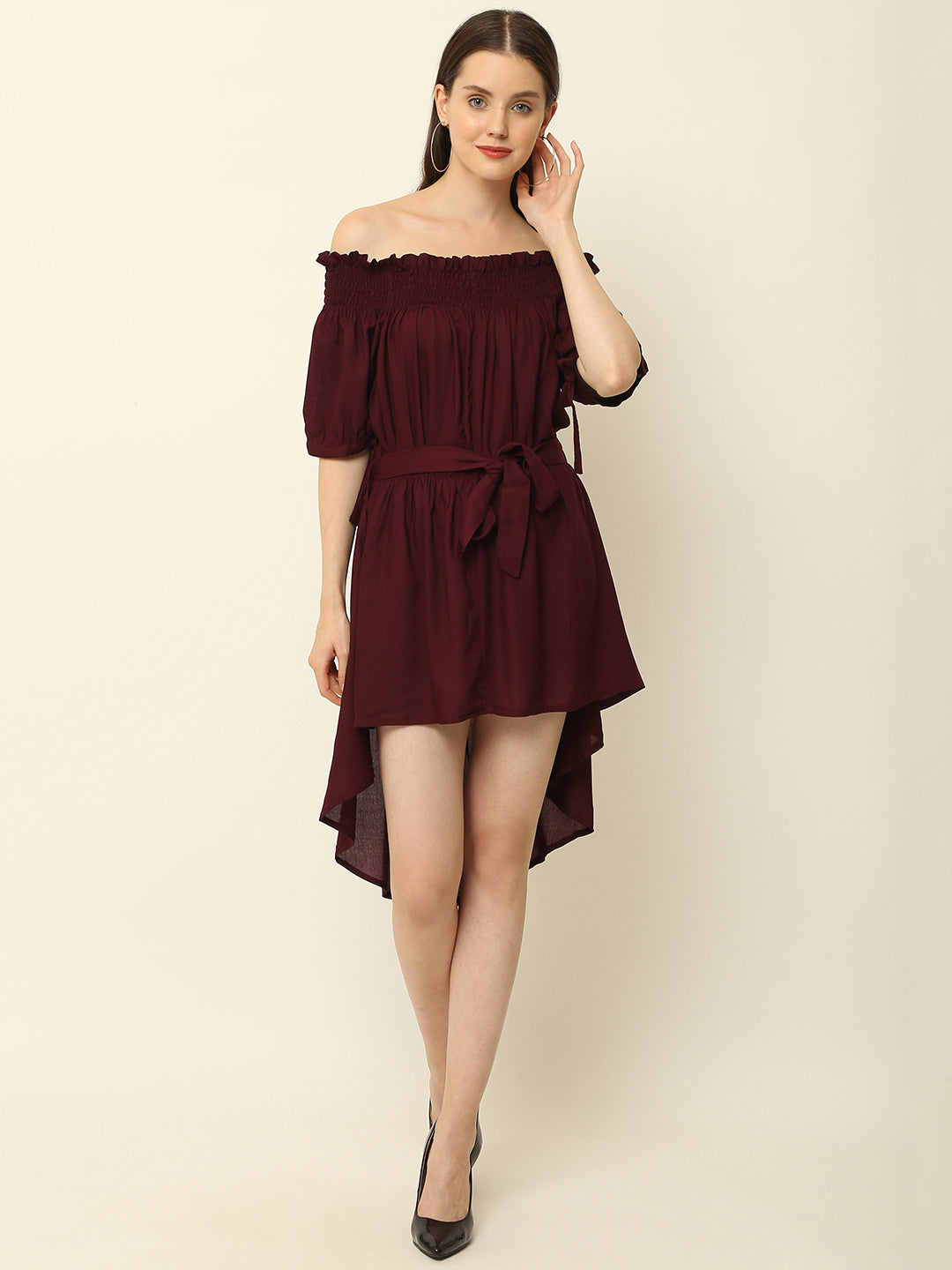 Wine Off Shoulder High Low One Piece Dress