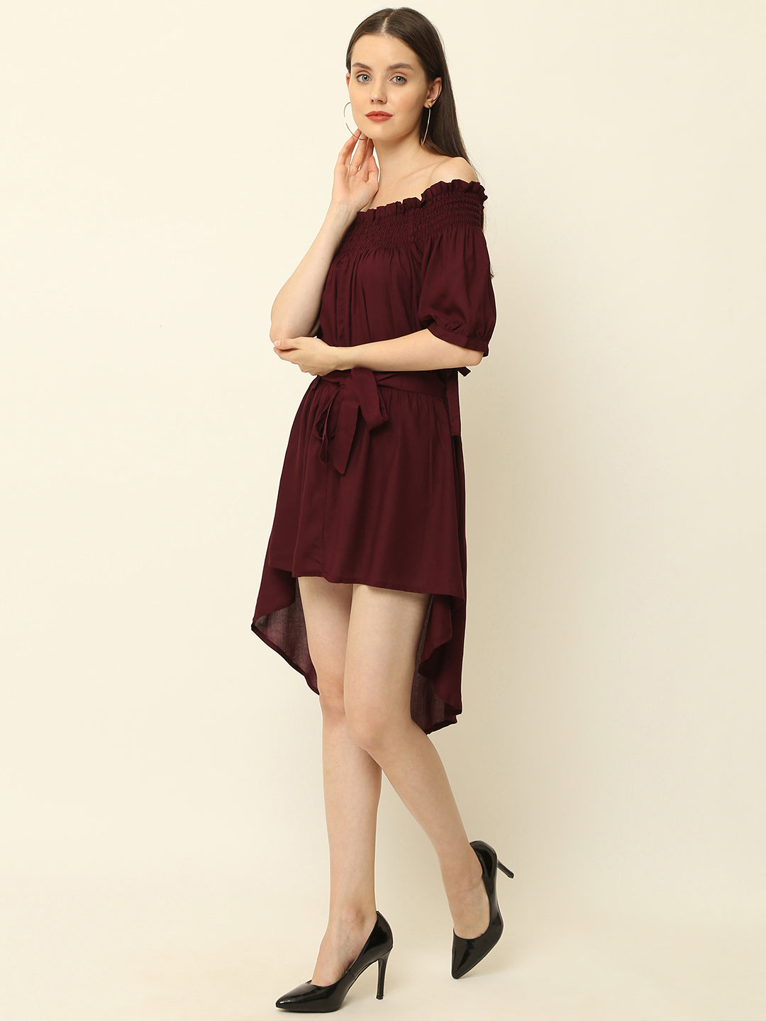 Wine Off Shoulder High Low One Piece Dress
