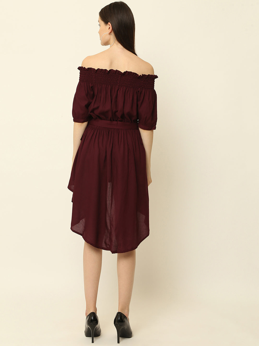 Wine Off Shoulder High Low One Piece Dress