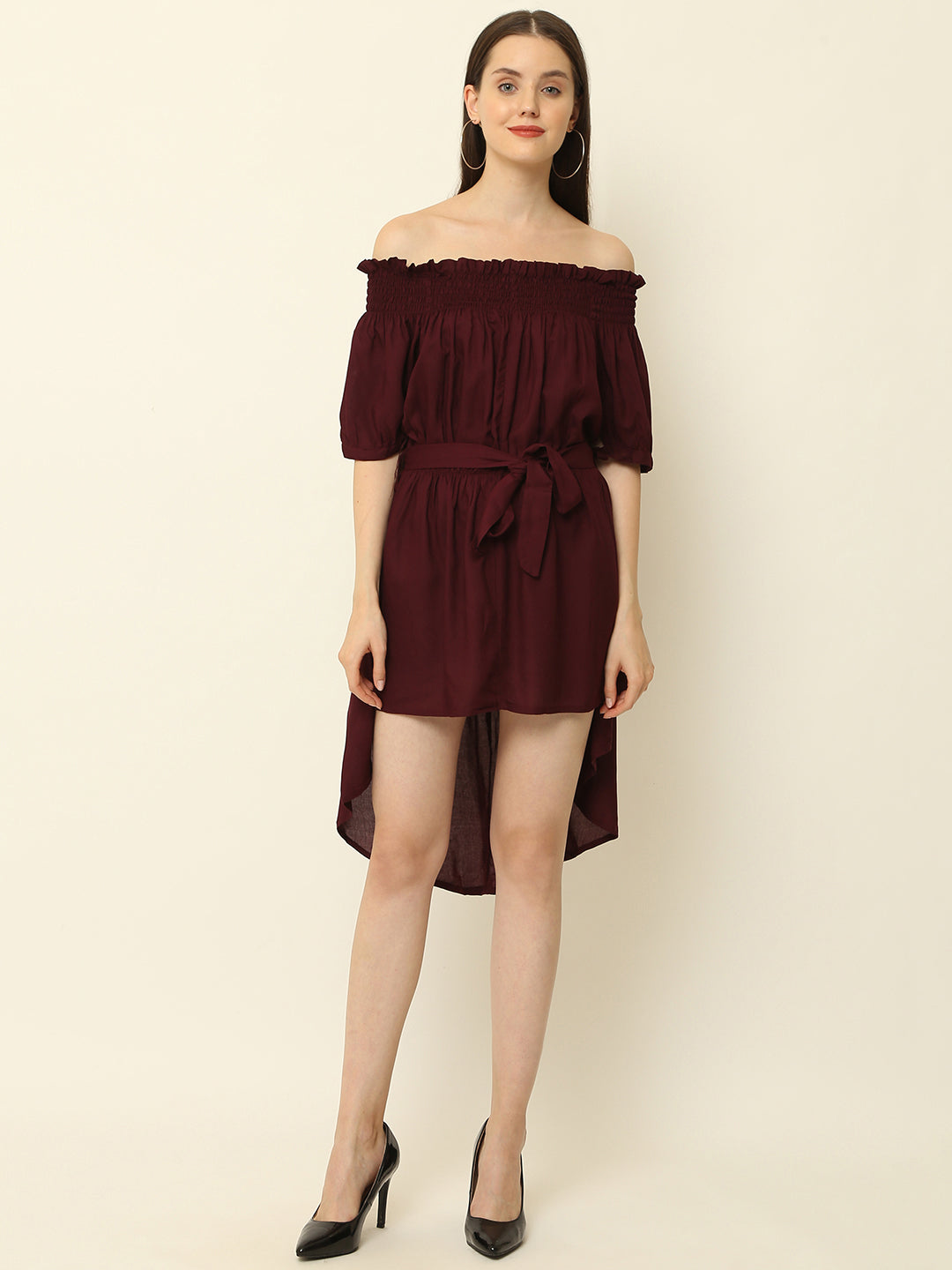 Wine Off Shoulder High Low One Piece Dress