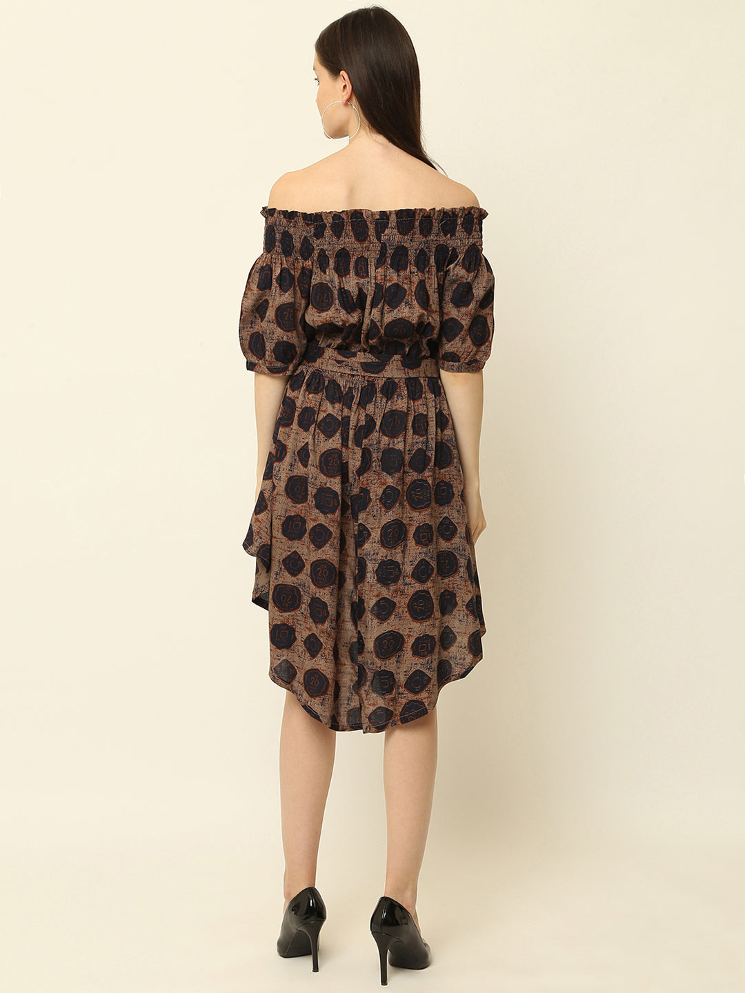 Blue Coin Printed Off Shoulder High Low One Piece Dress