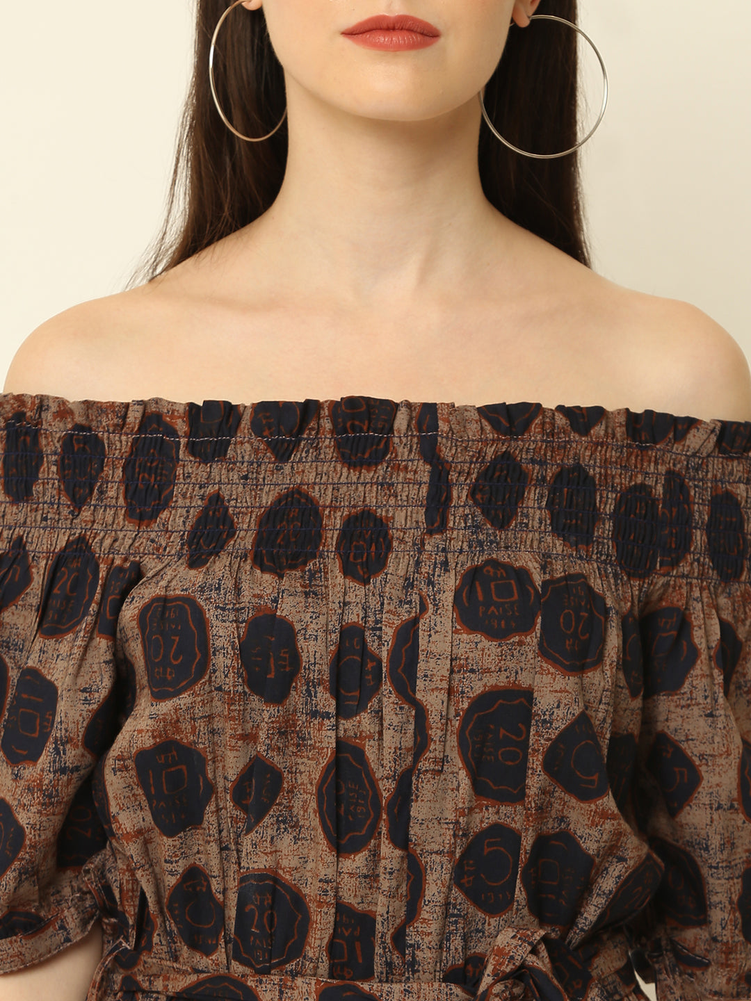 Blue Coin Printed Off Shoulder High Low One Piece Dress